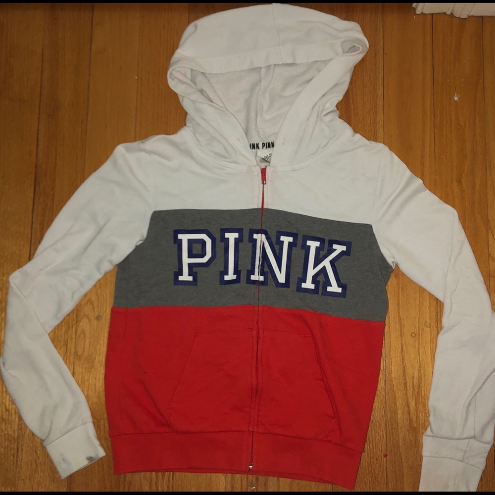 VS PINK grey, white, and orange zip-up hoodie